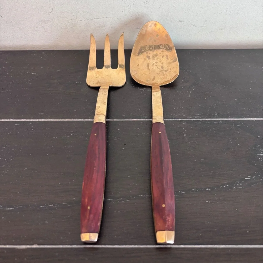 Vintage Brass‎ and Rosewood Salad Serving Set | Spoon and Fork | MCM